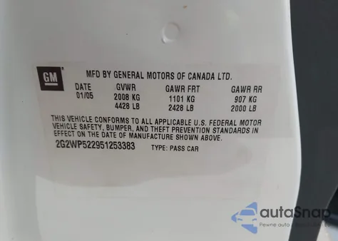 2005 Pontiac Grand Prix z USA, uszkodzony, nr VIN 2G2WP522951253383